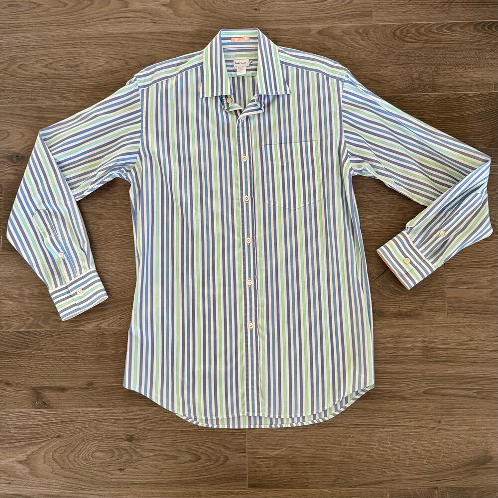 Paul Smith Blue Green Stripe Button Front Shirt Italy Contrast Cuff 15 1/2 39 cm
